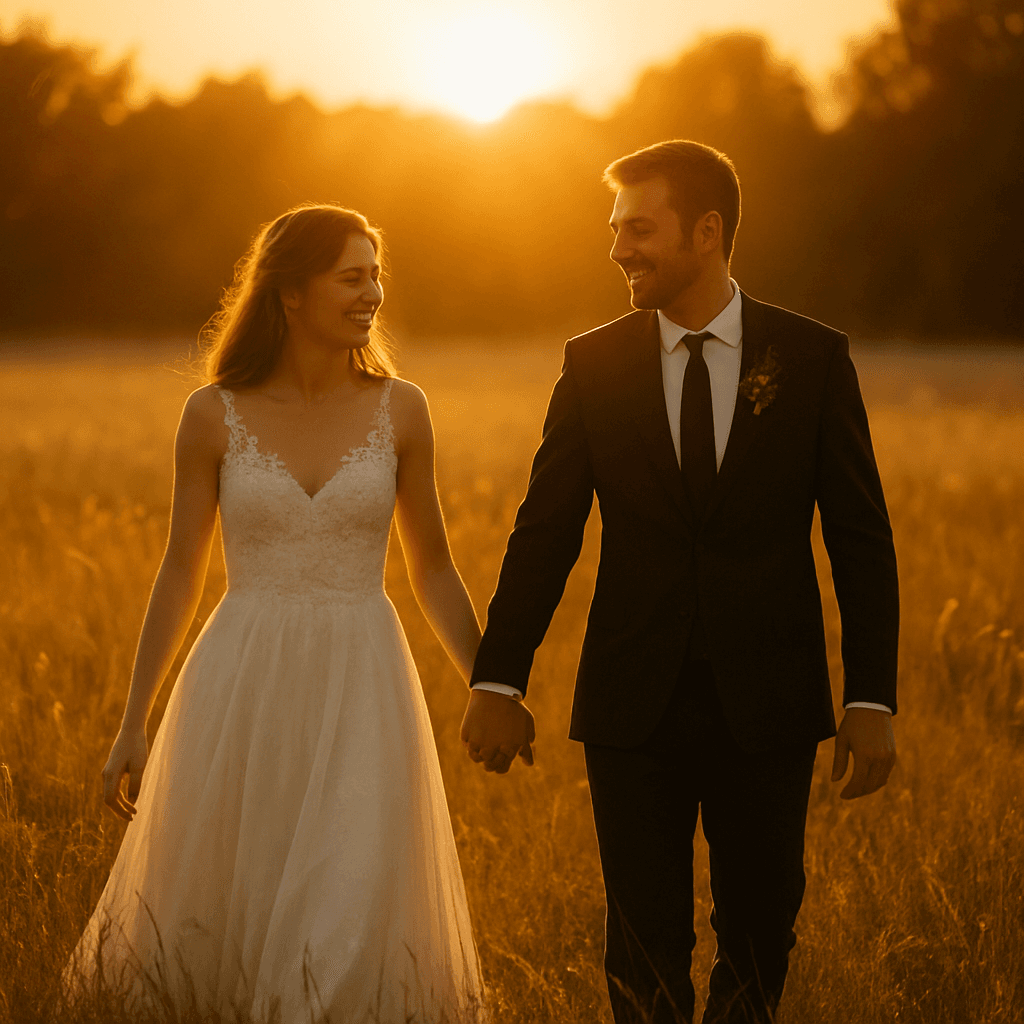 Couple walking peacefully together during their wedding day