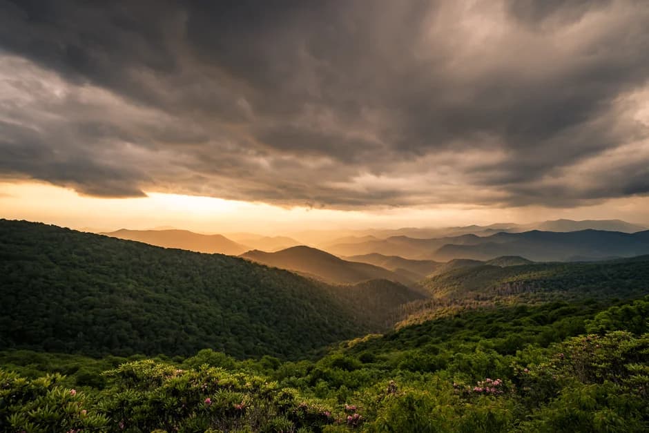 Blue Ridge Mountains at sunset with dramatic clouds