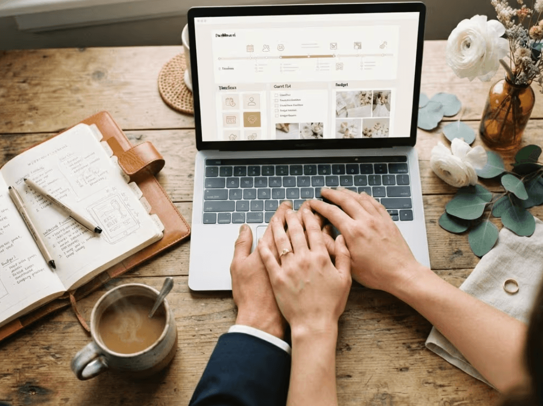 A couple resting their hands together on a laptop showing their private wedding planning dashboard, beside a leather planner, coffee, and flowers