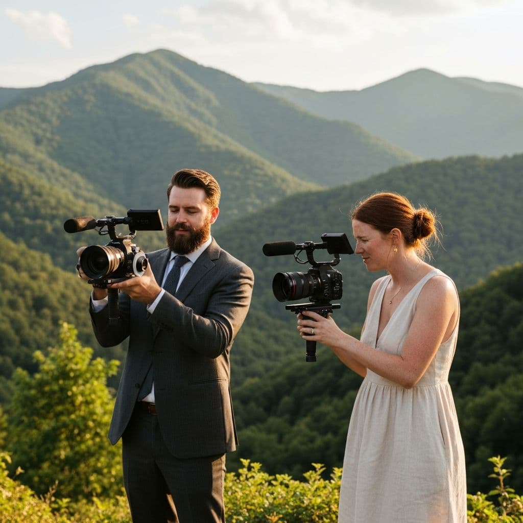 Husband and wife wedding videography team filming a couple