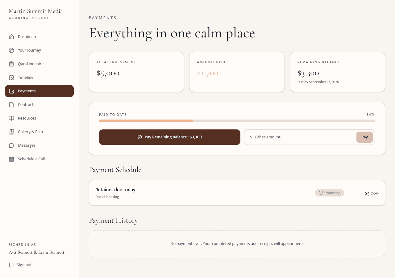 The payments screen showing total investment, amount paid, remaining balance, and a clear payment schedule