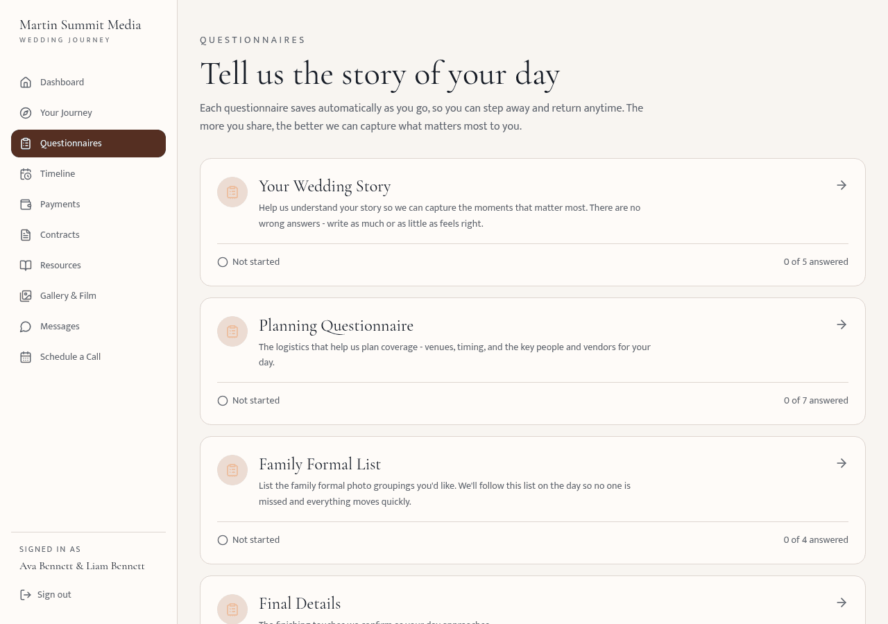 The questionnaires screen listing the Wedding Story, Planning, and Family Formal List forms with progress on each