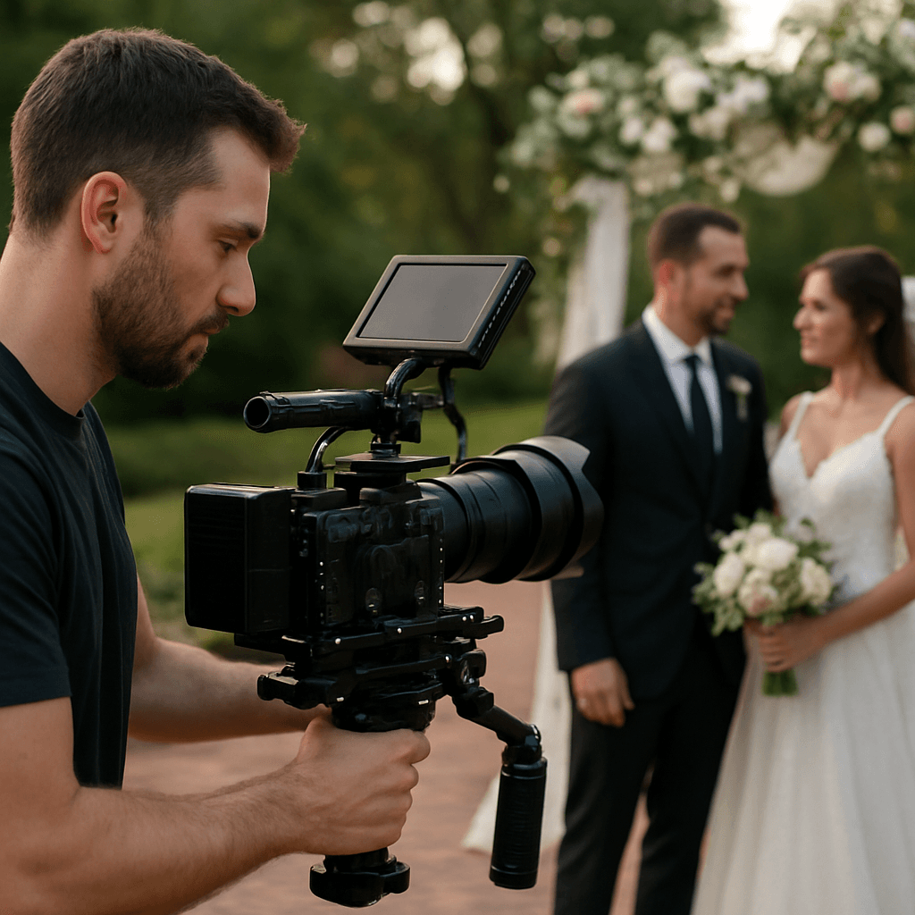 Wedding videographer filming couple